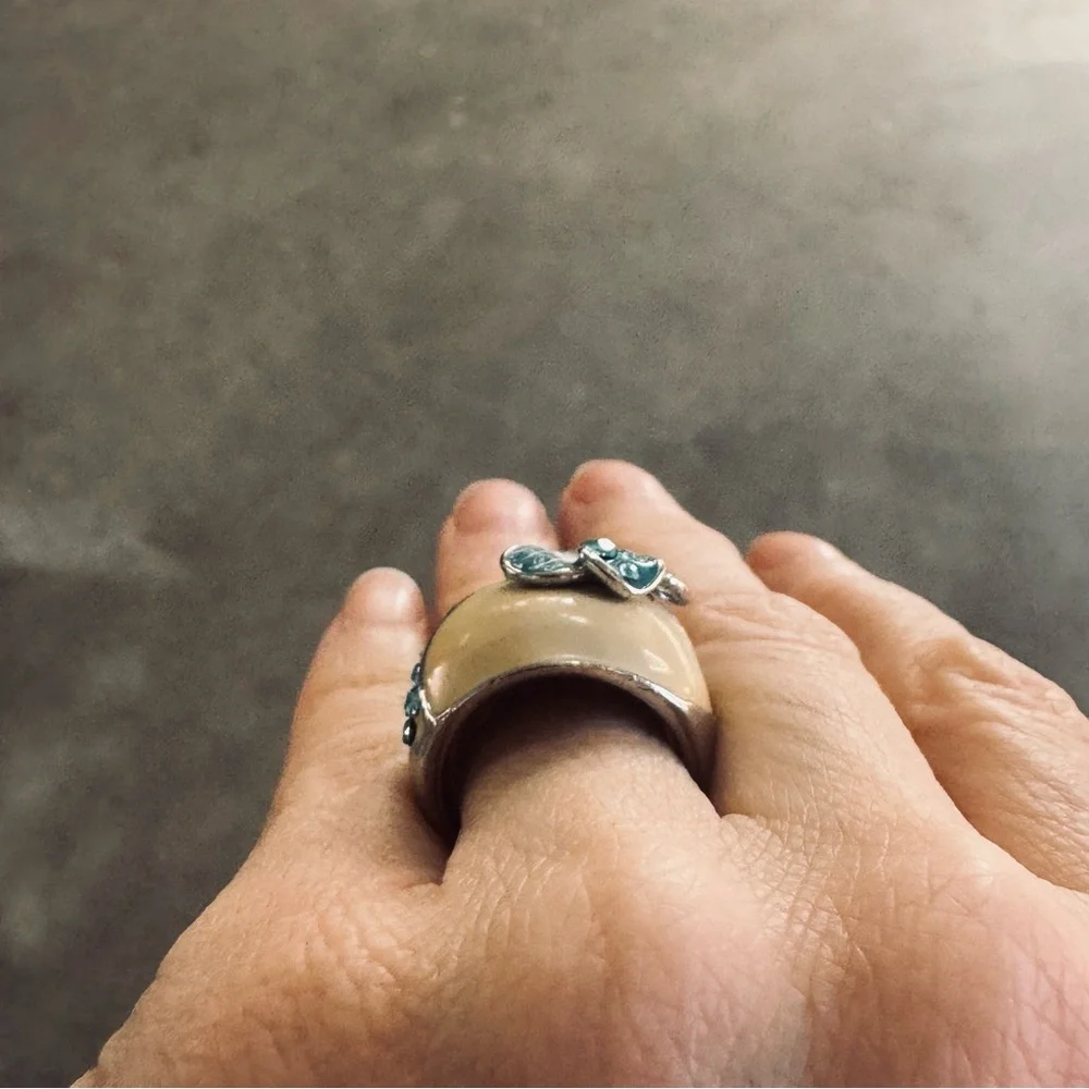 Floral Enamel Statement Ring in Cream and Teal Size 7